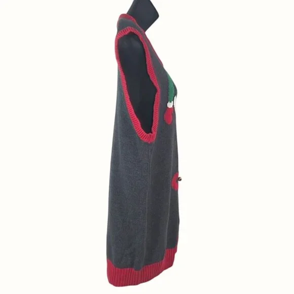 Ugly Christmas Sweater Womens Elf Vest Large Gray & Red Knit Holiday Top - Picture 4 of 9